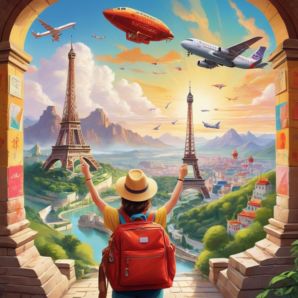 A picturesque landscape featuring a joyful traveler holding a boarding pass with a big smile, surrounded by iconic landmarks like the Eiffel Tower and the Great Wall of China, illustrating the thrill of affordable adventures. Include images of airplanes and travel bags scattered around, symbolizing exploration. Bright colors and a sunny sky enhance the feeling of happiness and discovery. vibrant colors. illustration.