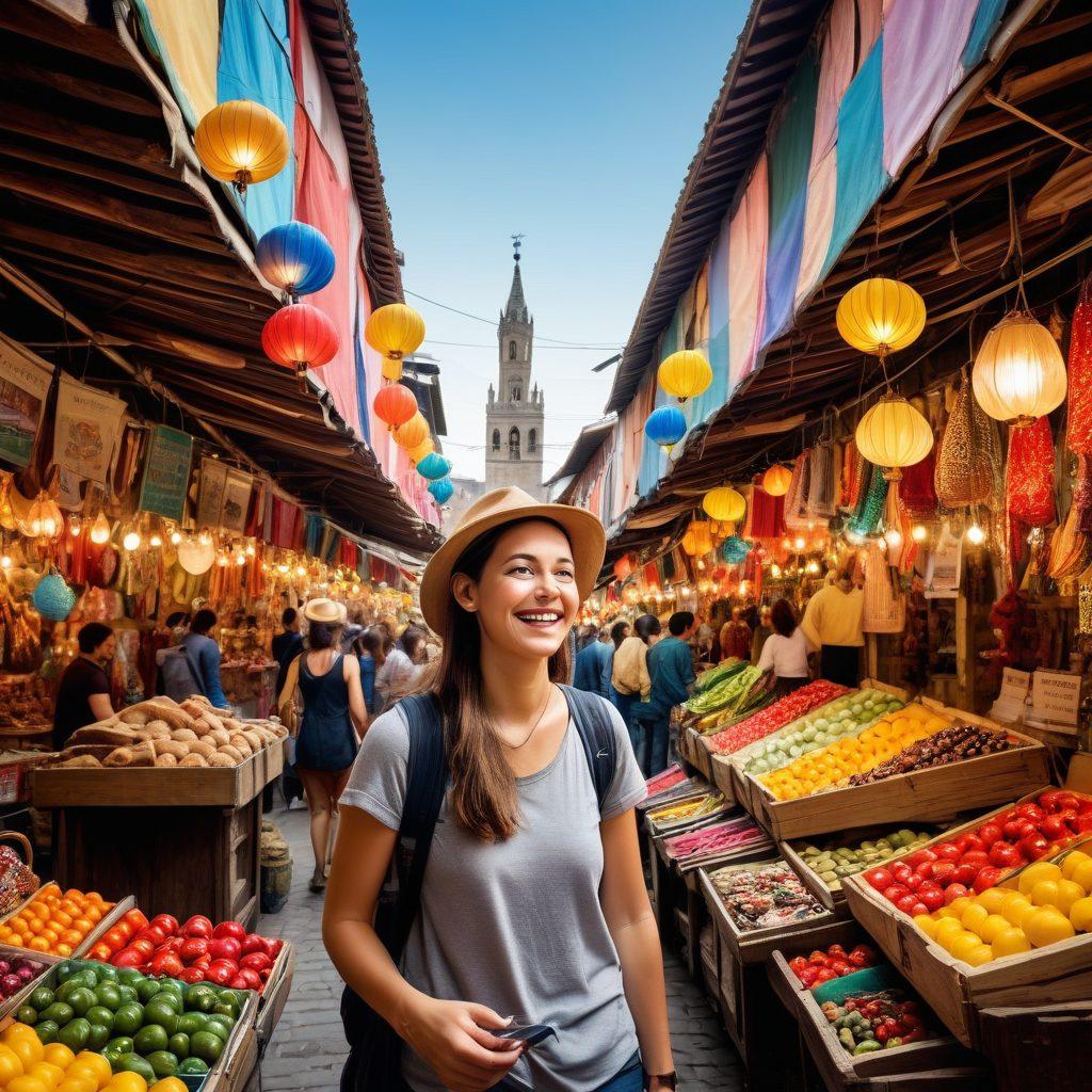 A traveler joyfully exploring a bustling market filled with vibrant colors, showcasing unique souvenirs and food stalls. In the background, iconic landmarks from various cities subtly emerge, representing global destinations. The scene conveys a sense of discovery and excitement, with the traveler holding a map that hints at hidden bargains. The atmosphere is lively and inviting, encouraging viewers to embark on their own travel adventures. super-realistic. vibrant colors. dynamic composition.