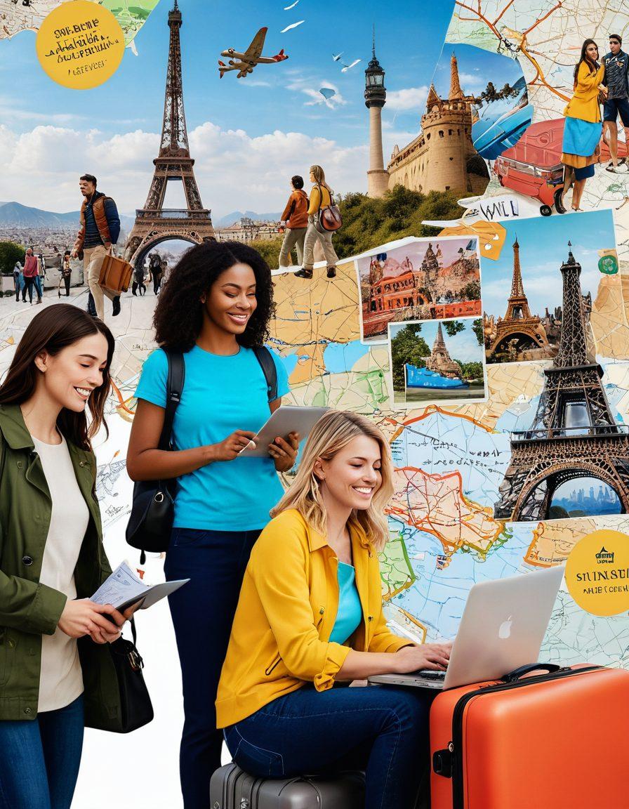 A visually engaging collage showcasing a diverse group of happy travelers checking flight prices on a laptop, surrounded by vibrant maps, luggage, and travel essentials. Include a scenic backdrop of famous landmarks like the Eiffel Tower and the Great Wall. Incorporate symbols of savings like discount tags and piggy banks subtly in the design. Bright and cheerful color palette with an inviting atmosphere. super-realistic. vibrant colors. travel-themed.